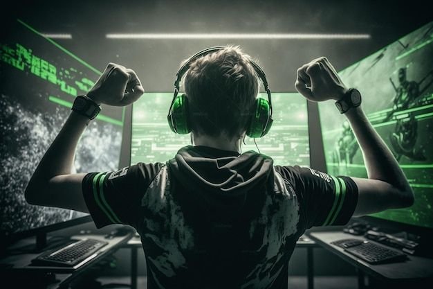 Professional-esports-gamer-back-side-view-rejoices-in-the-victory-generative-ai-_-AI-generated-image Por que queremos vencer? A psicologia da competitividade